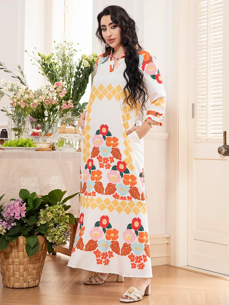 2025 Spring New Arrival: Sweet Vacation-Style V-Neck Floral Color-Blocked Long-Sleeved Midi Dress