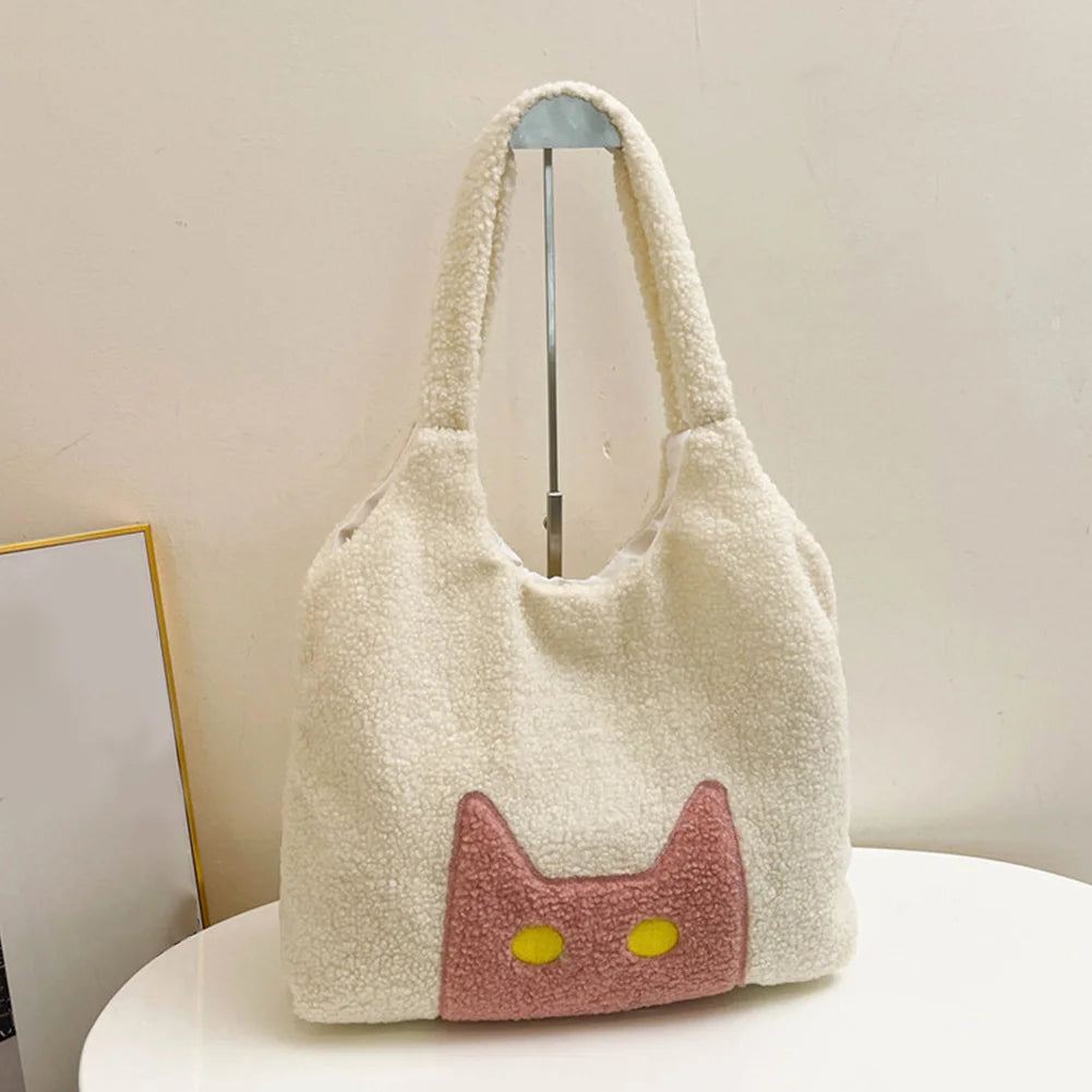 Women Lambs Wool Tote Handbag Large Capacity Plush Tote Bag Cute Cat Satchel Bag Fluffy Purse Shopping Dating Bag