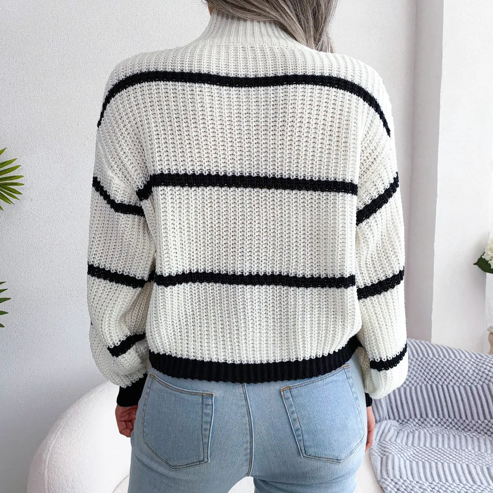 Autumn Winter Stripe Sweaters Pullovers Women New Solid Color Long Sleeved Jumpers Fashion High Neck Warm Pullover Knitwears Top