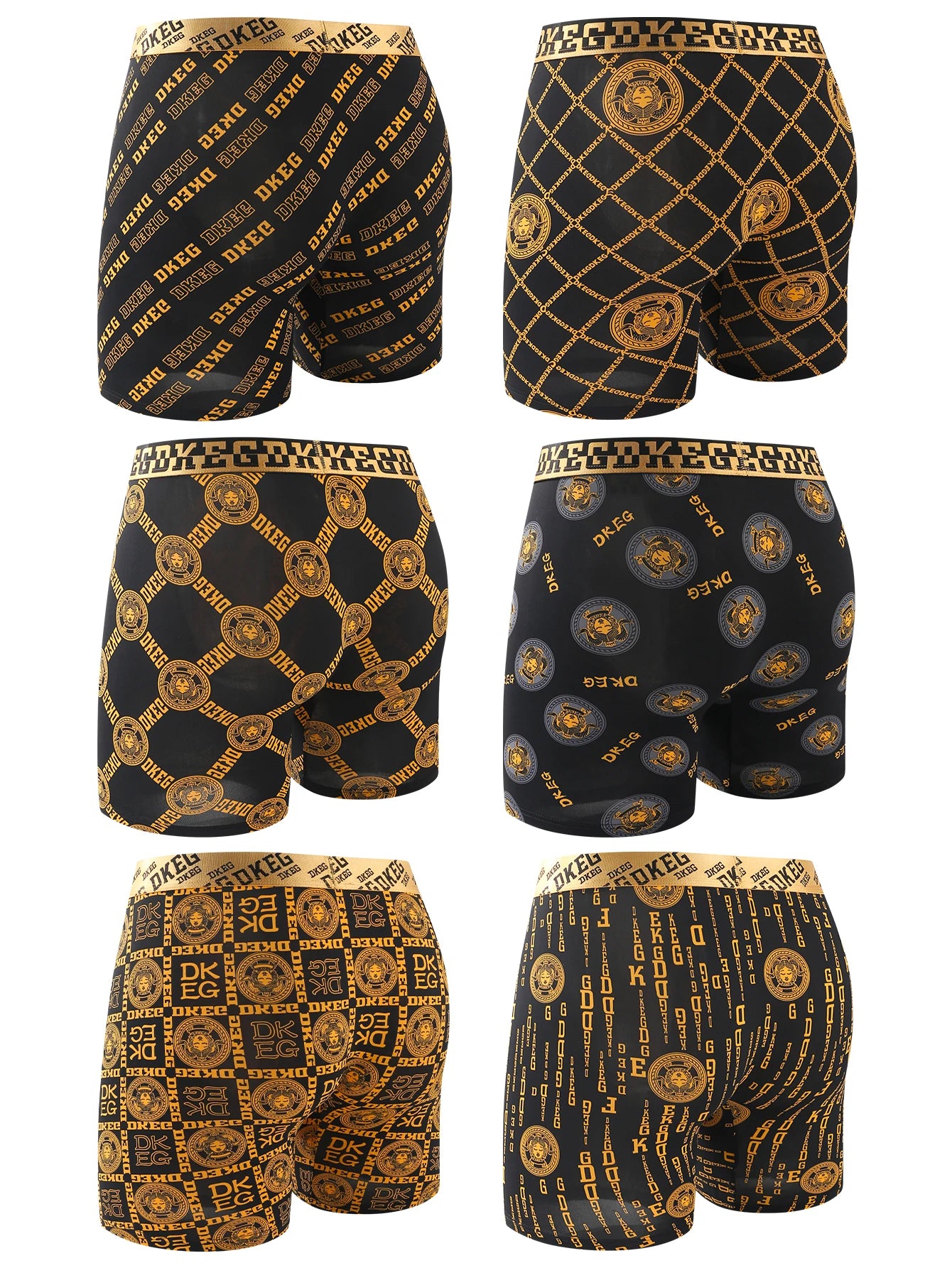 6pcs large size men's luxurious black and gold printed flat angle long underwear-super soft ice feeling, antibacterial breathabl