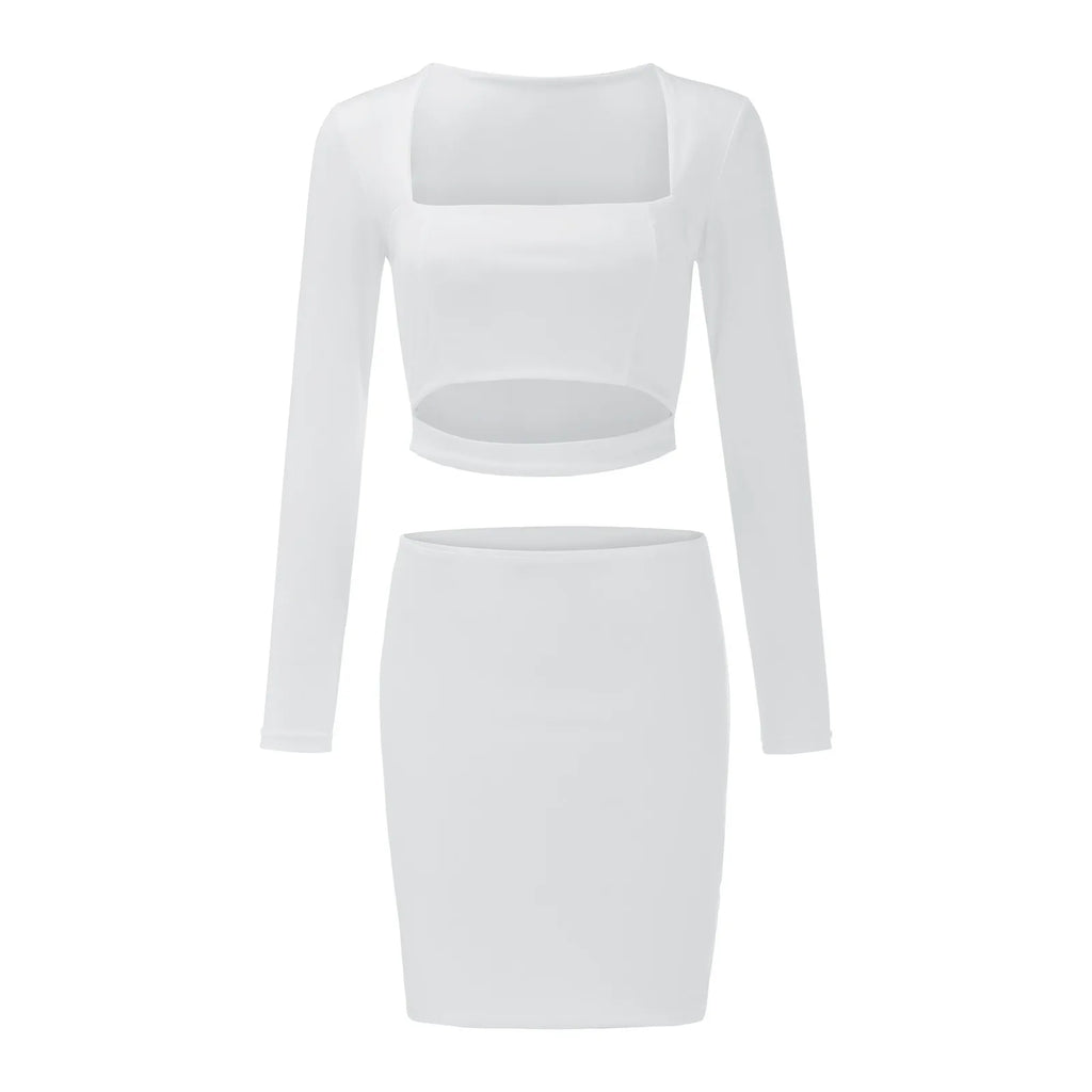 Sexy Elagant Solid Color Two Piece Set Women Long Sleeve Crop Top And Cutout Short Skirt Suits Spring Summer Party Club Outfits