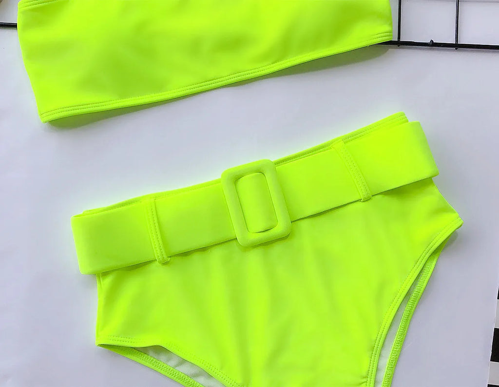 2023 Swimsuit Women Neon Green Strapless High Waist Bikini Beach Bathing Suit Waist Buckle Swimwear Maillot De Bain Femme XMB10