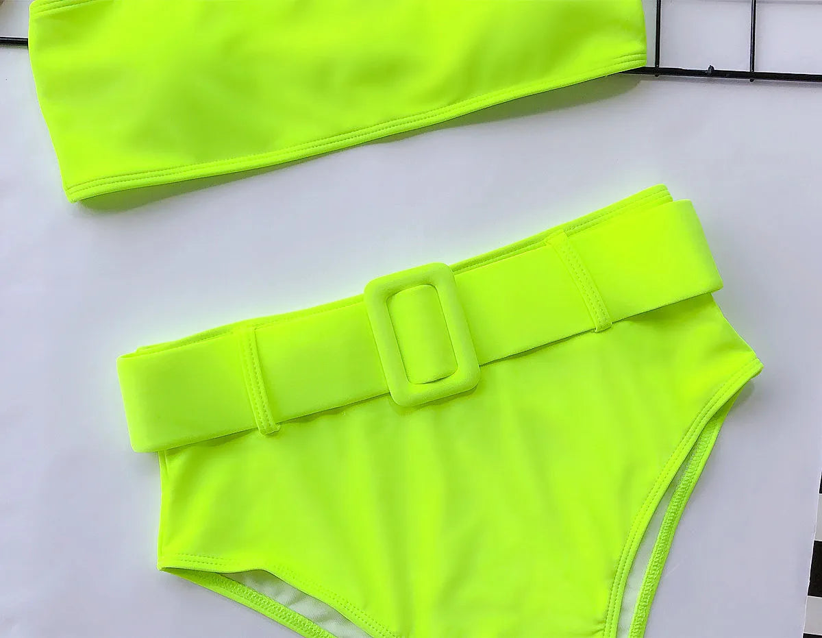 2023 Swimsuit Women Neon Green Strapless High Waist Bikini Beach Bathing Suit Waist Buckle Swimwear Maillot De Bain Femme XMB10