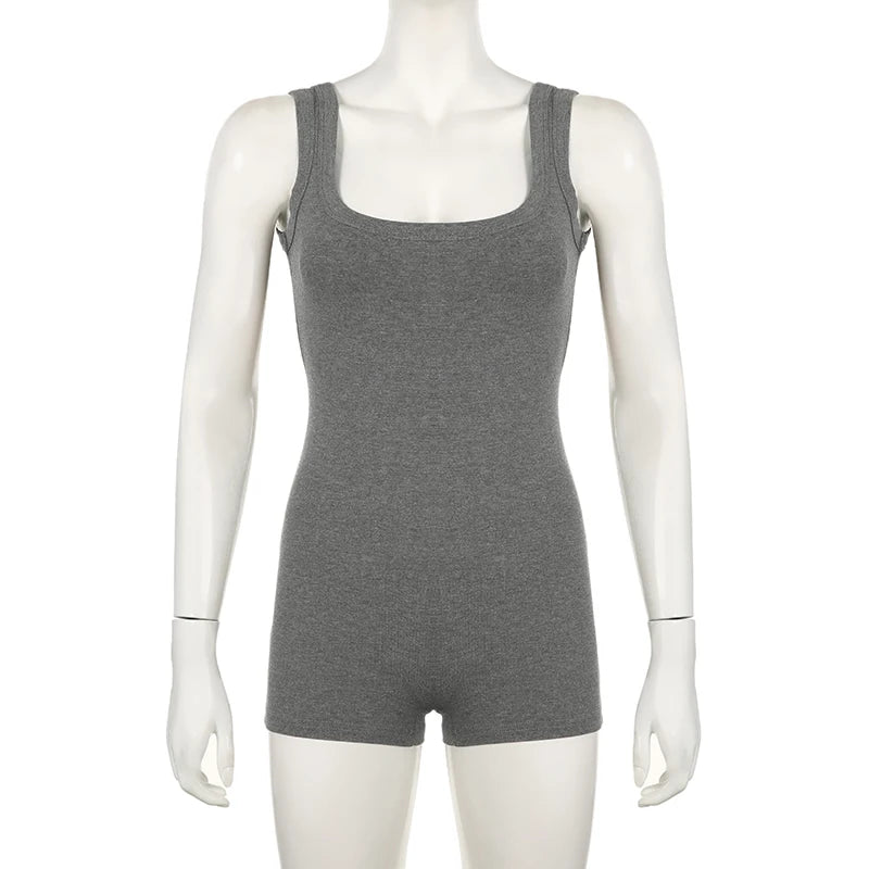 BIIKPIIK Solid Square Collar Women Rompers Casual Sleeveless Knit Playsuits Sporty Jogging Slim Fit Overalls Body-shaping Summer