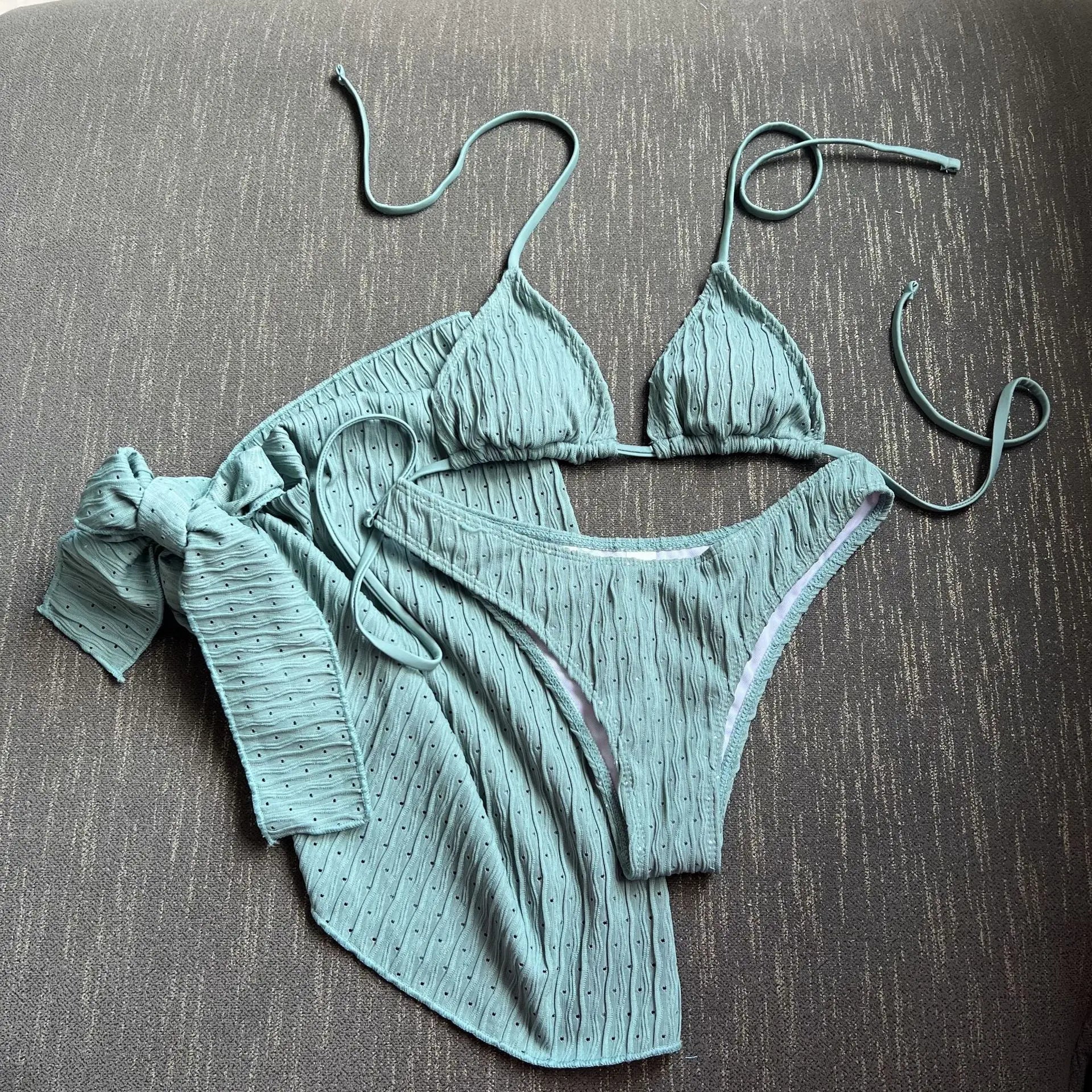 3-piece Beachskirt Swimsuit Women 2024 Solid Color Ventilate Bikini Sexy Triangle Cup Lace-up Backless Low Waist Bathing Suit