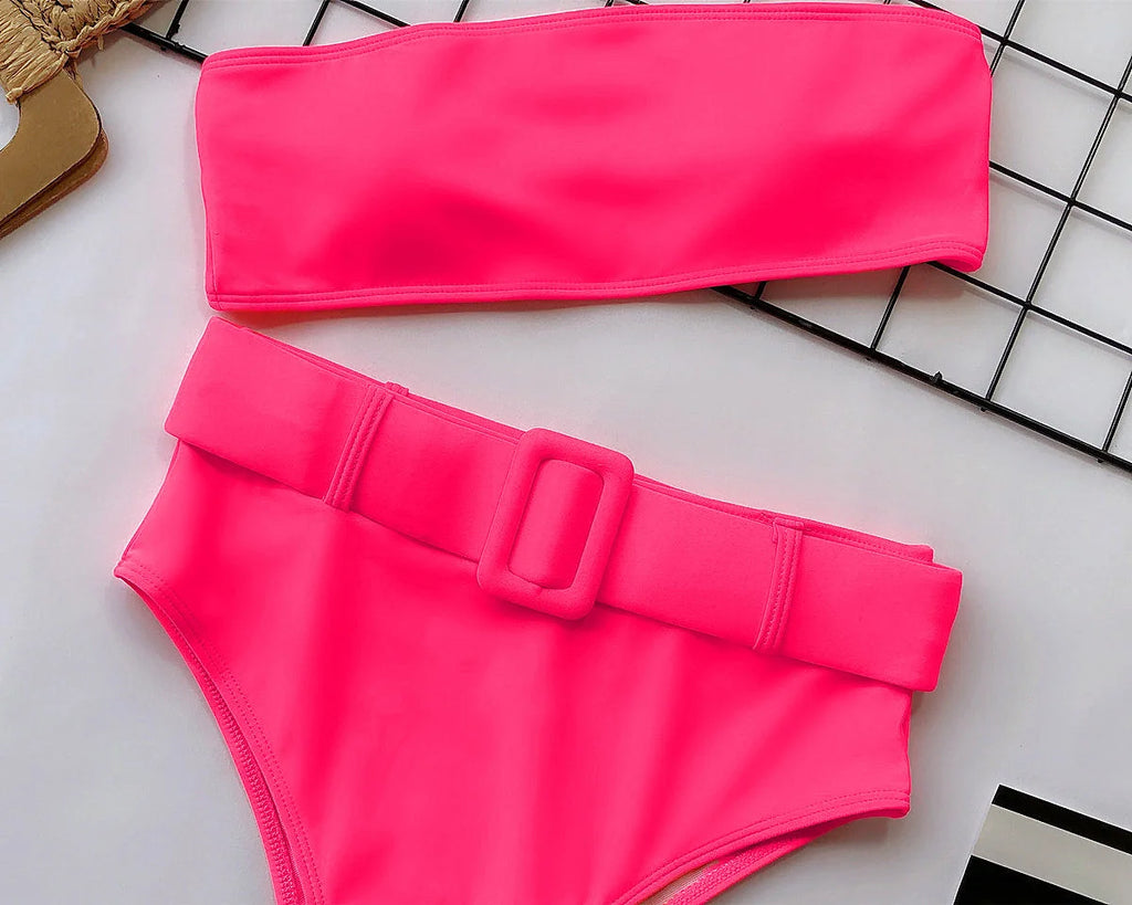 2023 Swimsuit Women Neon Green Strapless High Waist Bikini Beach Bathing Suit Waist Buckle Swimwear Maillot De Bain Femme XMB10