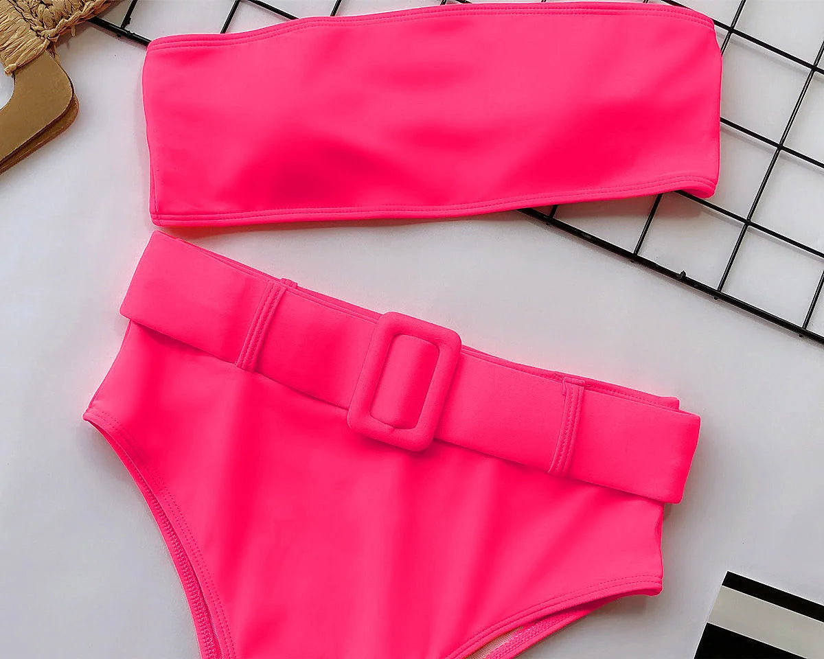 2023 Swimsuit Women Neon Green Strapless High Waist Bikini Beach Bathing Suit Waist Buckle Swimwear Maillot De Bain Femme XMB10