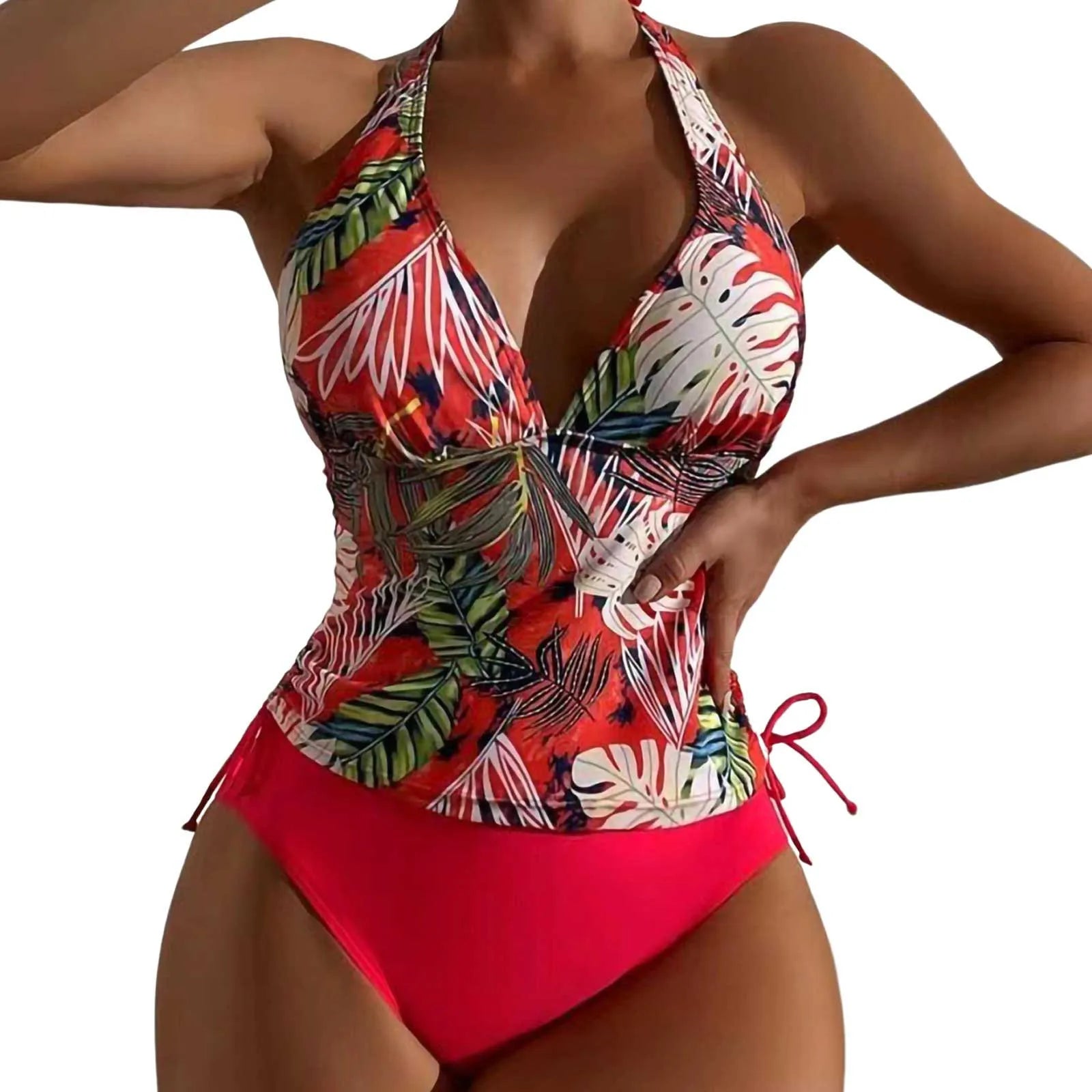 Sexy Halter Deep V Leaf Print Swimwear Ladies Large Size Covering Belly And Slimming Swimwear Triangle Solid Tie Split Swimsuit