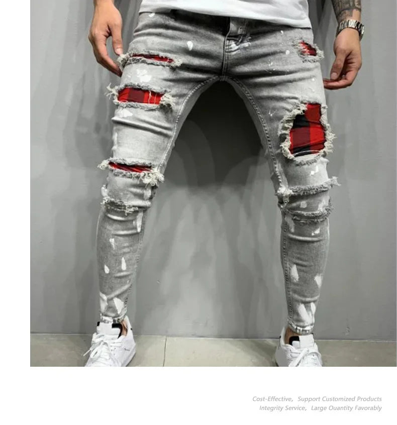 2025 Jeans Pencil Pants Holes Distressed Men Streetwear Denims Patchwork Mid Waist Slim Fit Washed Denim Ankle Length Trousers
