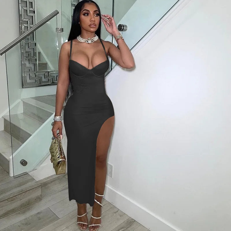 FAGADOER Sexy High Slit Bodycon Long Dress Women Solid Color Spaghetti Strap Backless Dresses Female Streetwear Vestidos 2025