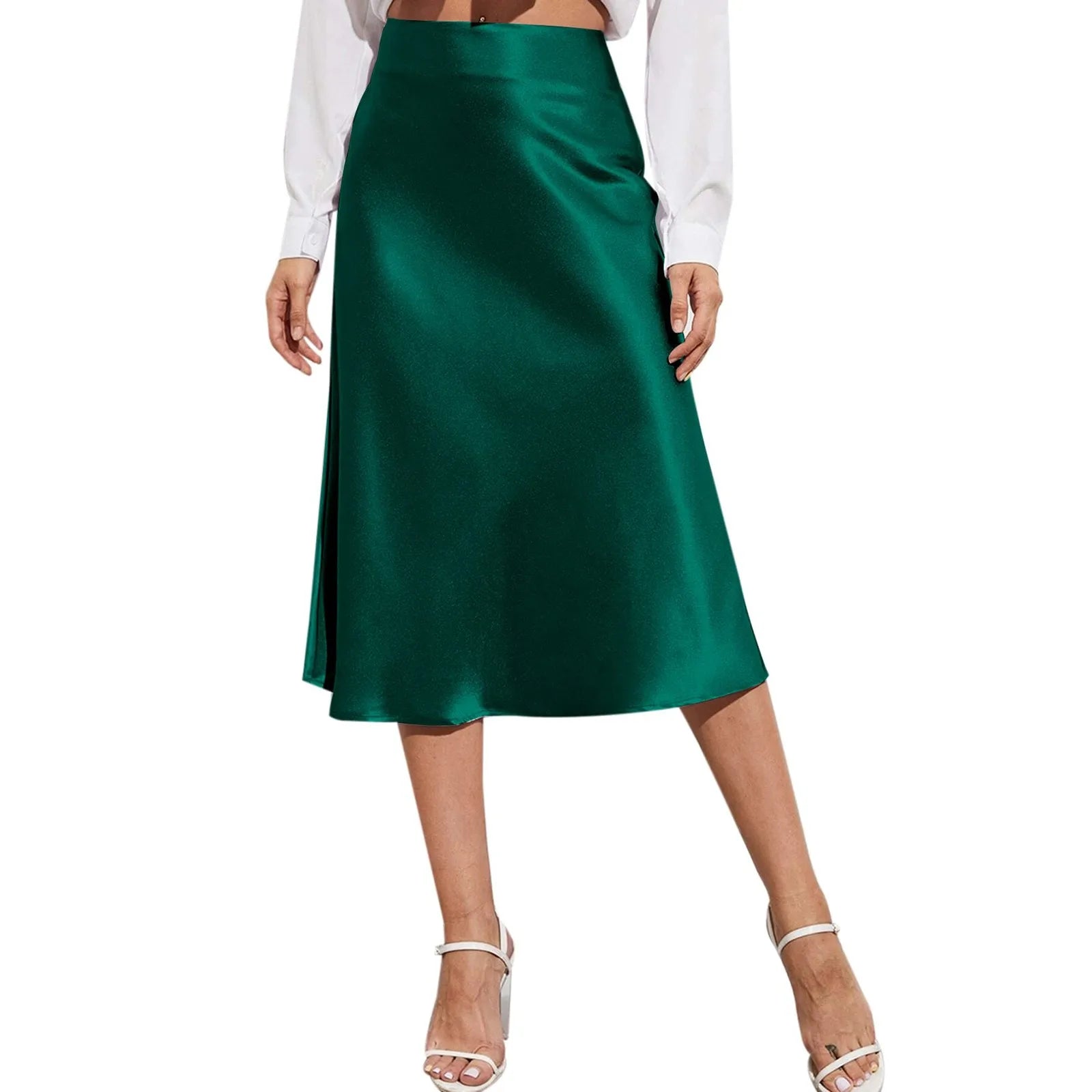 Aesthetic Satin A-Line Skirt Women's Bright Face High Waist Solid Color Side Split Skirt With Zipper Knee Length Office Wear