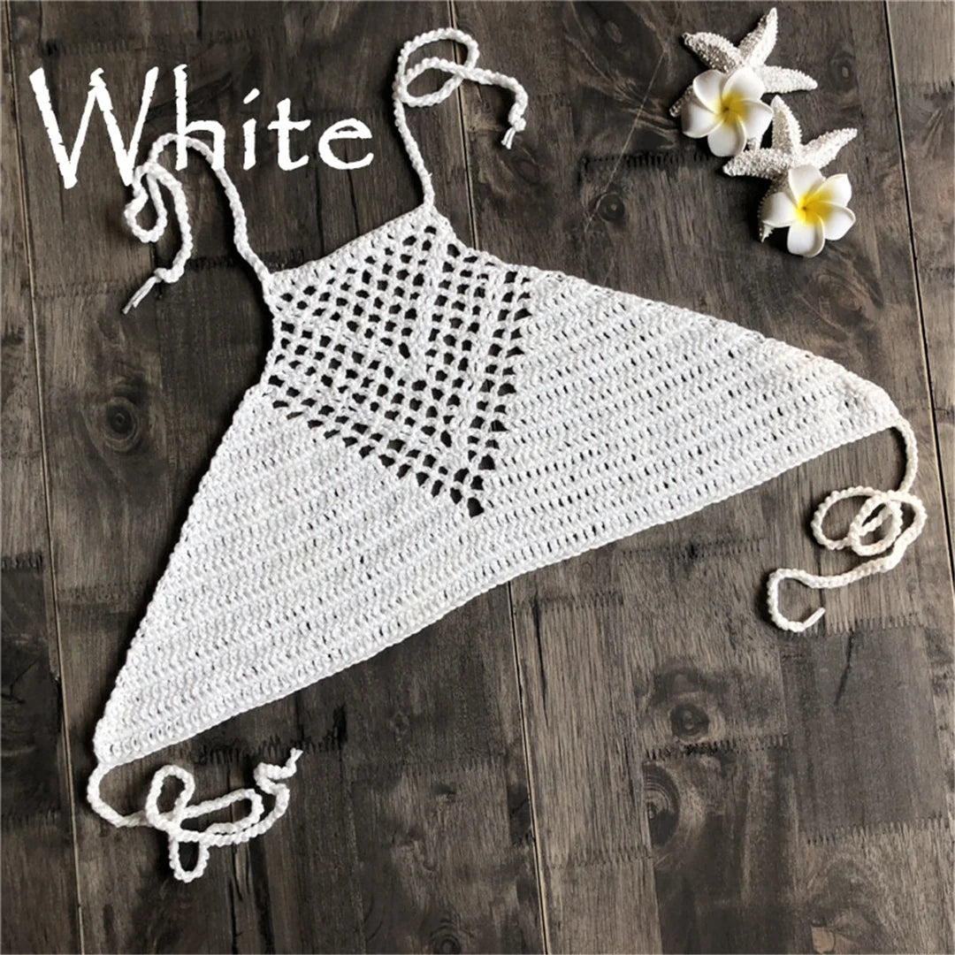 7 Colors Crochet Knitted Halter Bikini Top Female Swimsuit Women Swimwear Bather Bathing Suit Swim Hollow Out Beach Top V4192