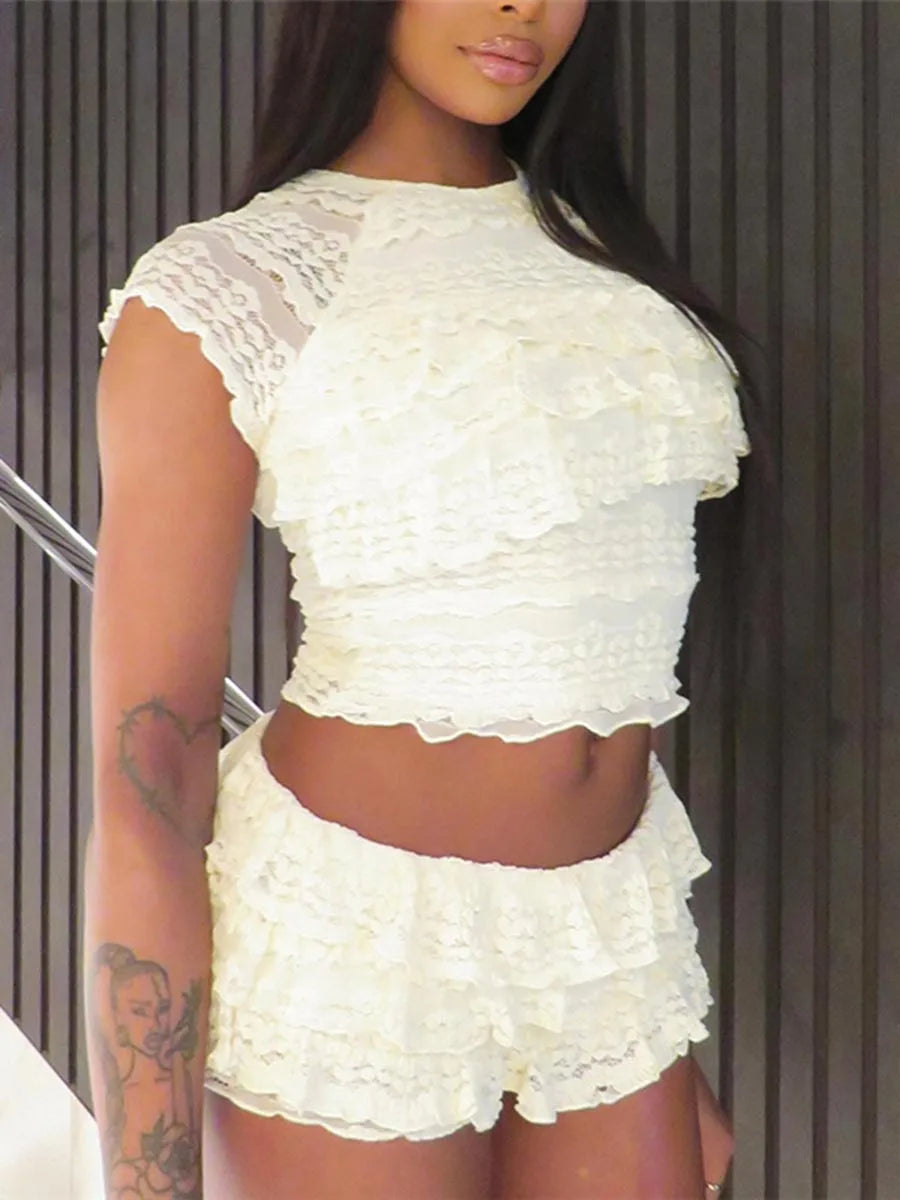Women s Lace Crop Top and High Waisted Shorts Set with Short Sleeves and O Neckline Tiered Lace Design for a Stylish Look