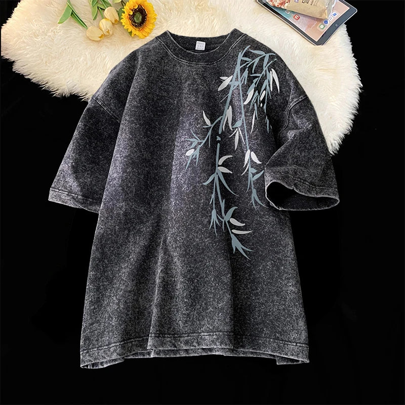 Bamboo Leaf Pattern Short Sleeve Heavy Fabric Acid Washed Men's T-shirt Men Woman Streetwear Oversized Loose Tops Summer Tees