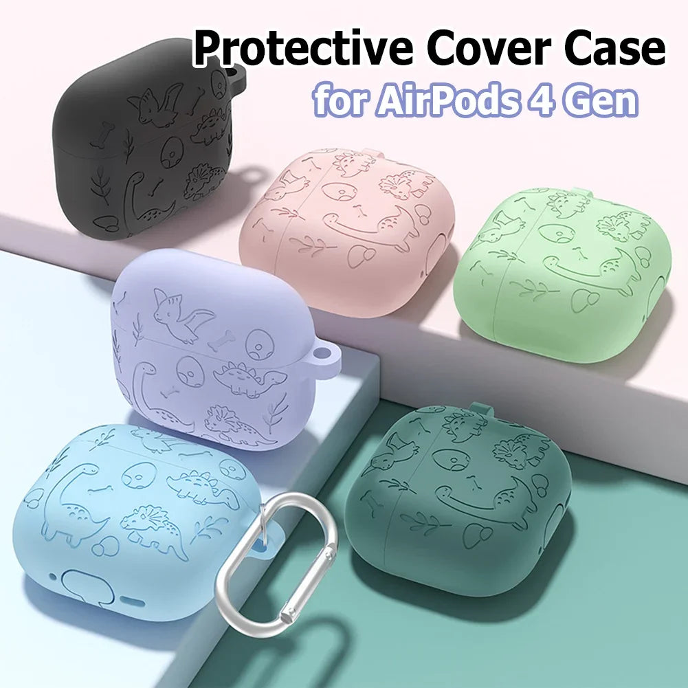 Silicone Case Protector with Carabiner Engraved Flower Dinosaur Case Soft Silicone Skin Protective Case for AirPods 4 Gen (2024)