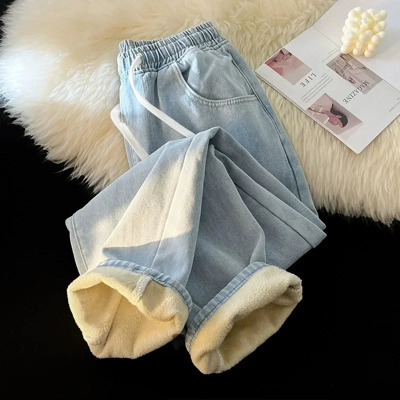 Winter Thiened Jeans Wide Leg Jeans Men's Straight Elastic Waist Corduroy High Street Vintage New Youth Casual Jeans