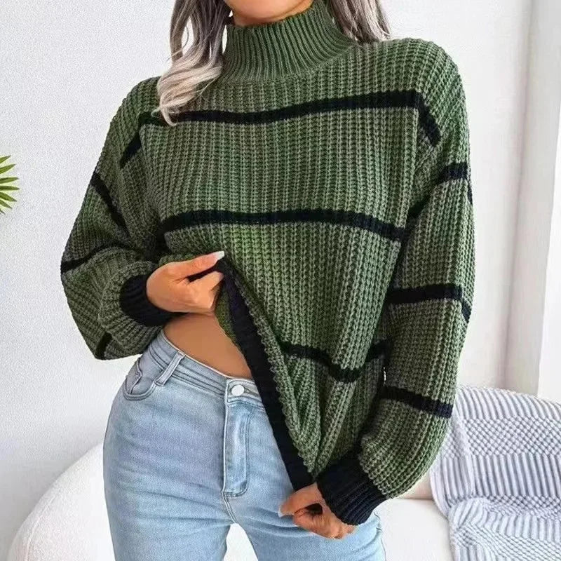 Autumn Winter Stripe Sweaters Pullovers Women New Solid Color Long Sleeved Jumpers Fashion High Neck Warm Pullover Knitwears Top