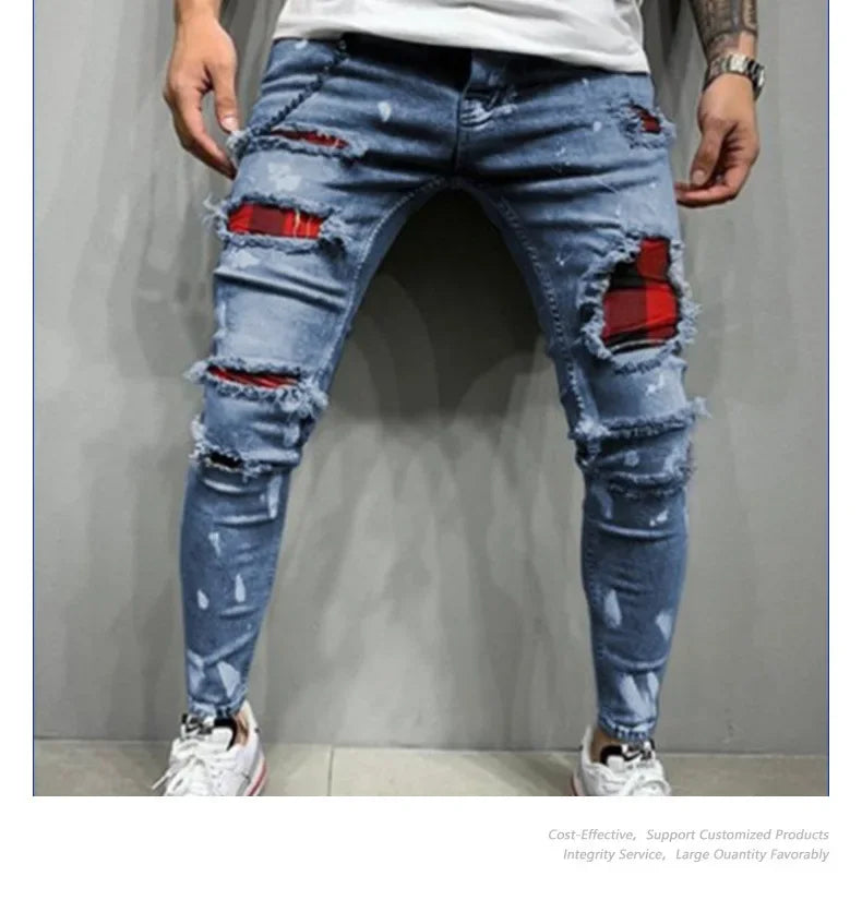 2025 Jeans Pencil Pants Holes Distressed Men Streetwear Denims Patchwork Mid Waist Slim Fit Washed Denim Ankle Length Trousers