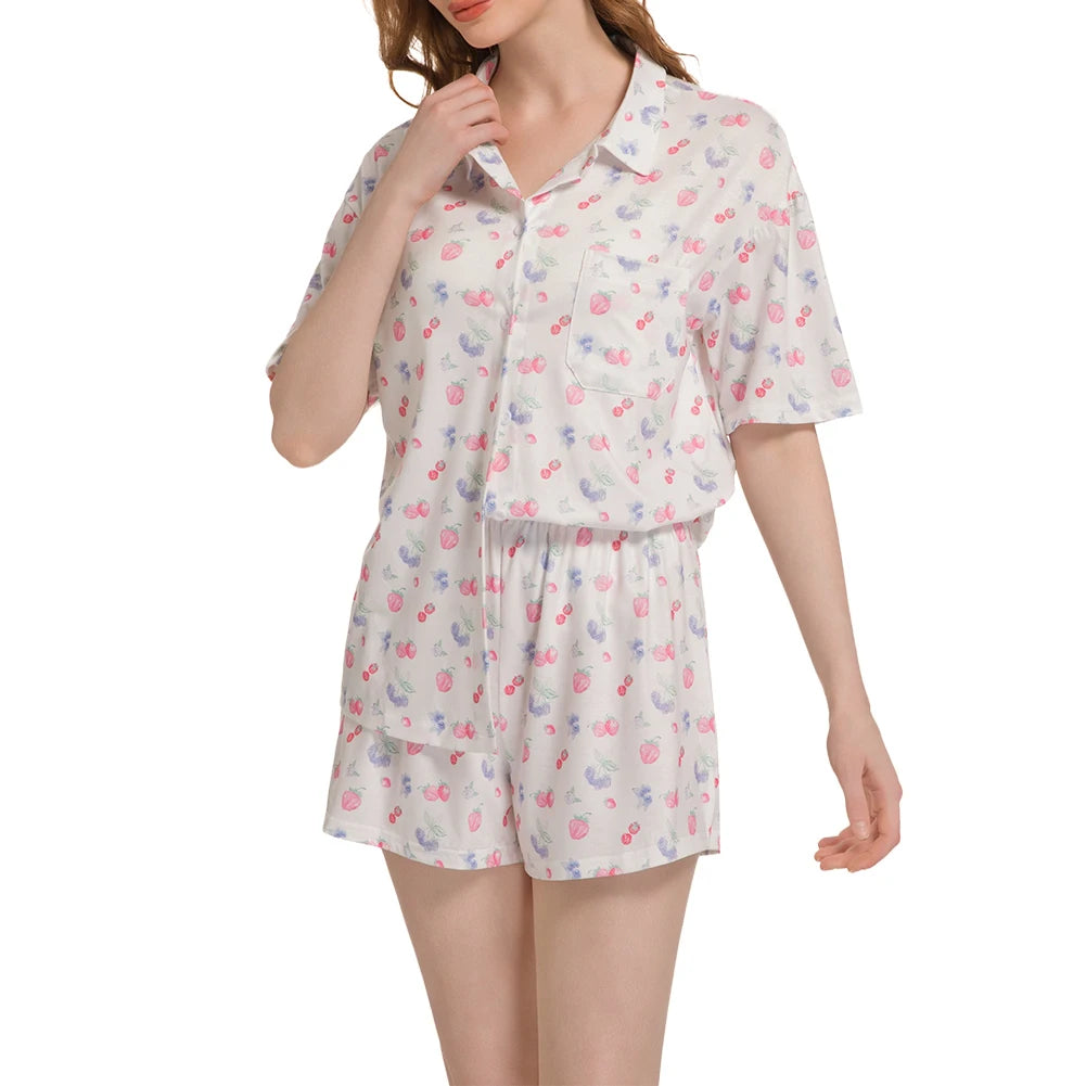 Women Fruit Print Pajamas Set Breathable Soft Loungewear Button Down Sleepwear Cute Pyjama Trousers Set for Loose Home Wear