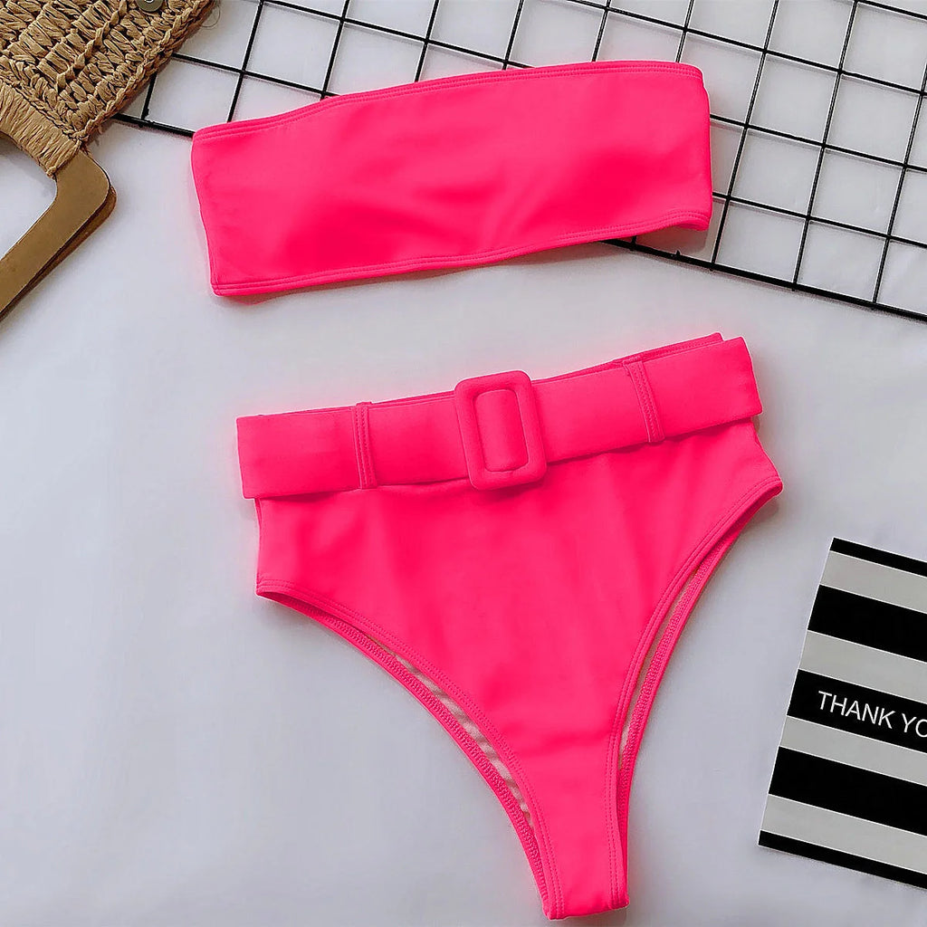 2023 Swimsuit Women Neon Green Strapless High Waist Bikini Beach Bathing Suit Waist Buckle Swimwear Maillot De Bain Femme XMB10