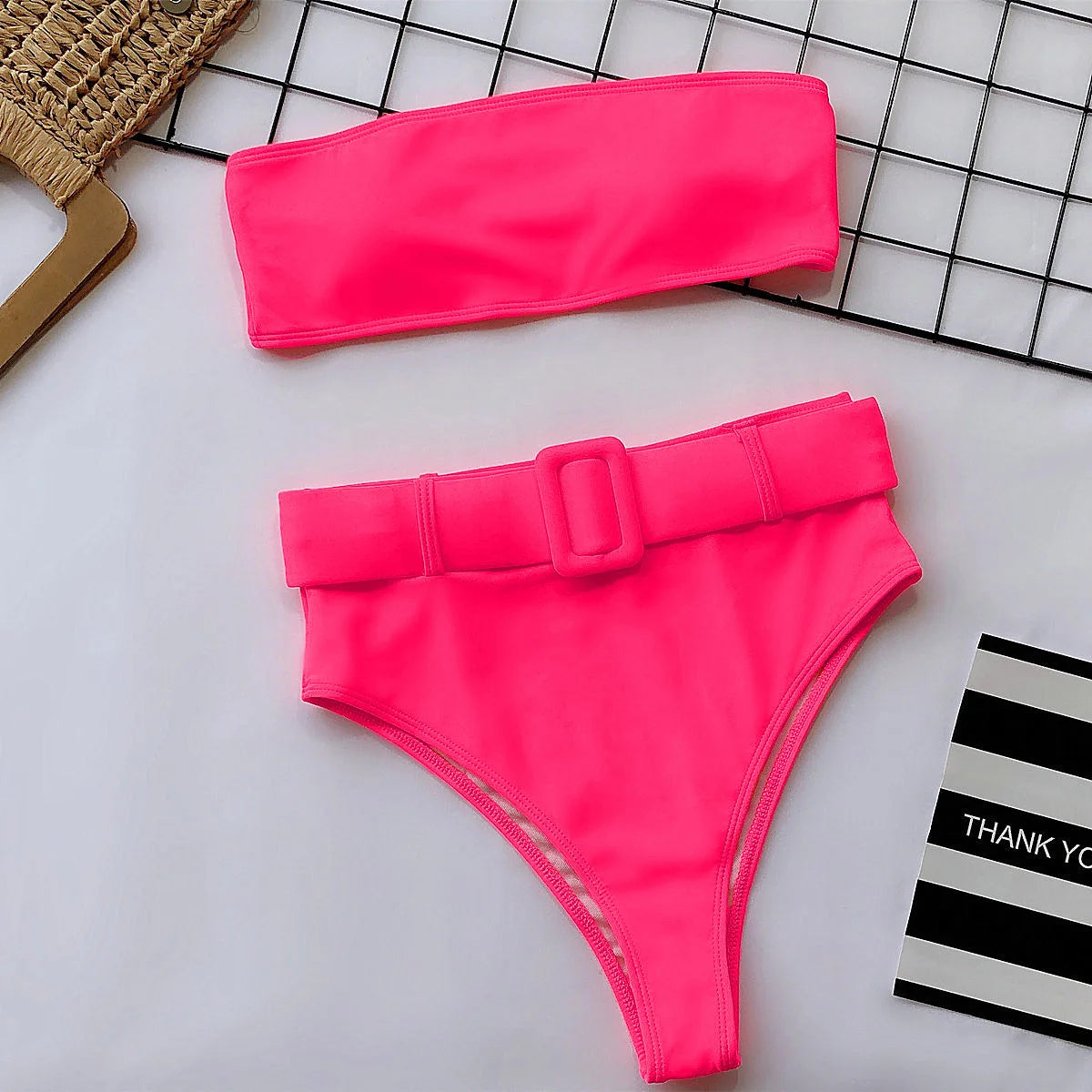 2023 Swimsuit Women Neon Green Strapless High Waist Bikini Beach Bathing Suit Waist Buckle Swimwear Maillot De Bain Femme XMB10