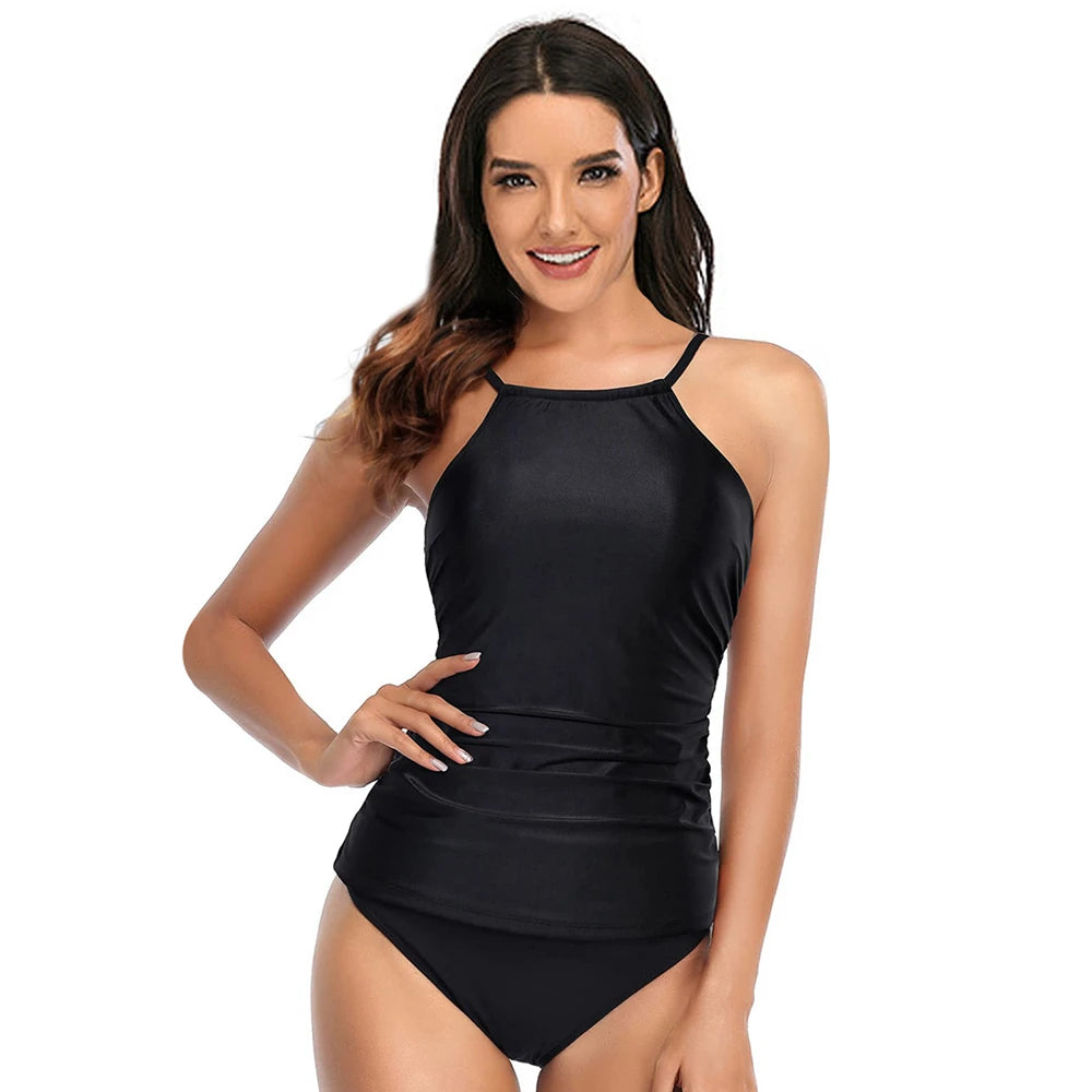 13 Colors Women Conservatively Cover Belly Tankini Set Padded Top With Adjustable Shoulder Straps Elastic Slim Knitted Beachwear