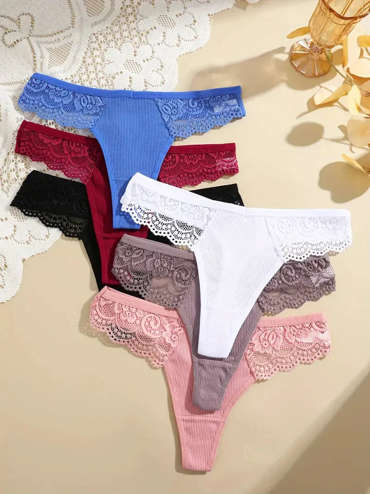 FINETOO 7Pcs Women's Cotton Lace Thongs Sexy Solid Color G-string Low Waist Breathable Bikini Lingerie Female Comfort Panties