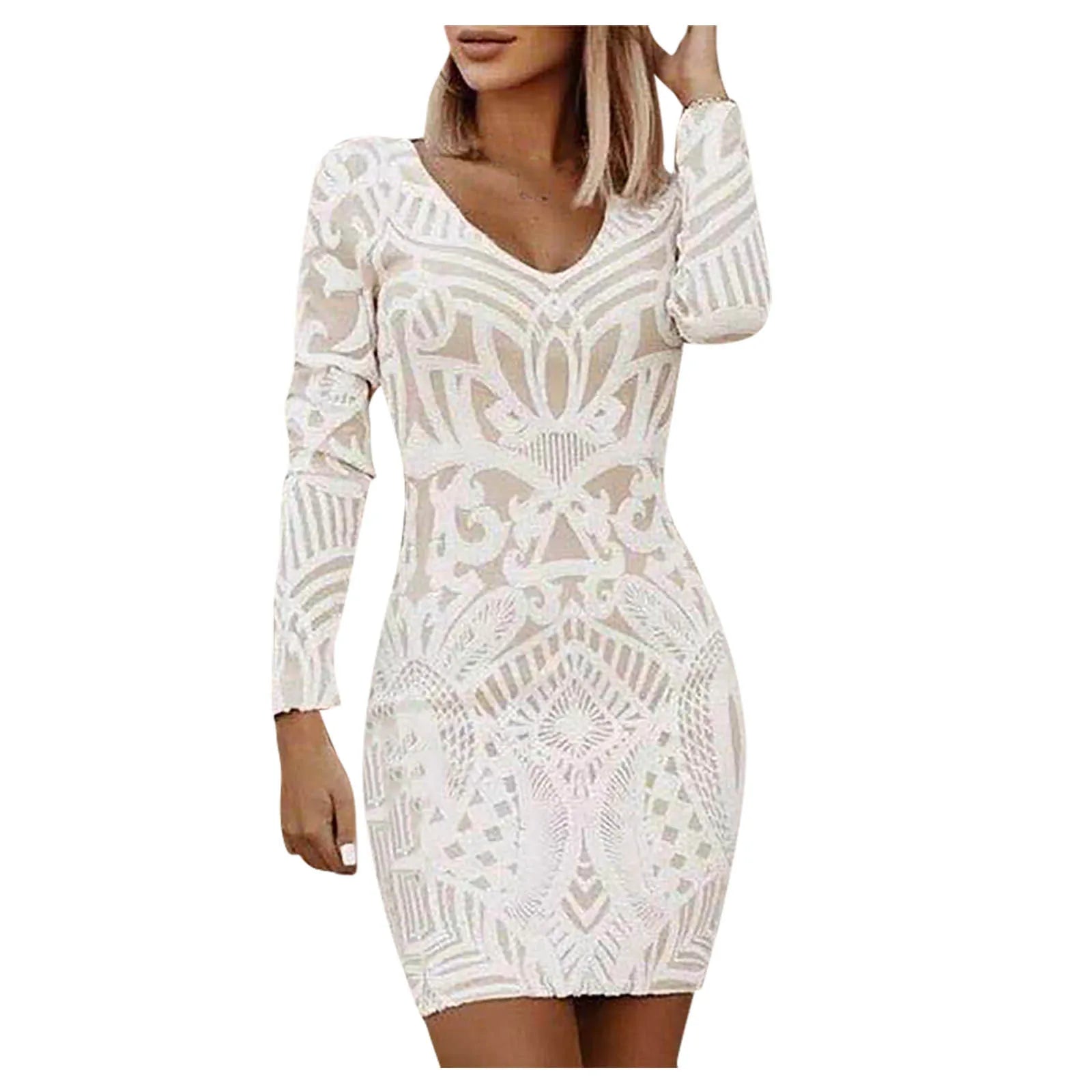 Women's Long Dresses V Neck Lace Slim Mini Dress Sexy Hips  Wrap Hollow Out Mini Dress Fashion Cocktail Banquet Party Dress