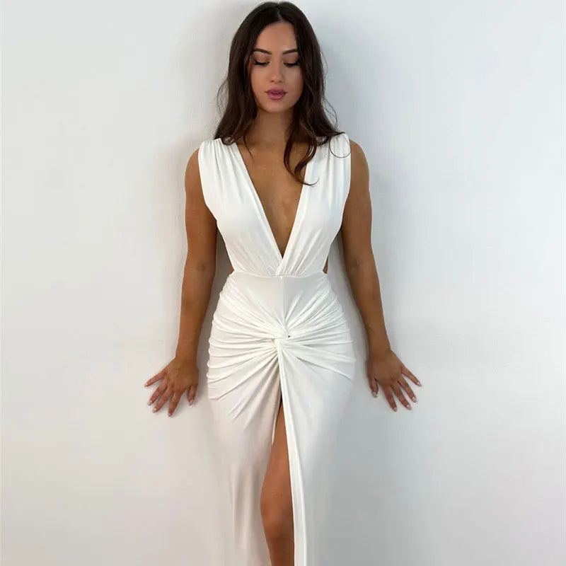 GACVGA Summer Fashion Ruched Long Dress Sexy Backless V Neck Hight Slit Women Bodycon Party Maxi Dress