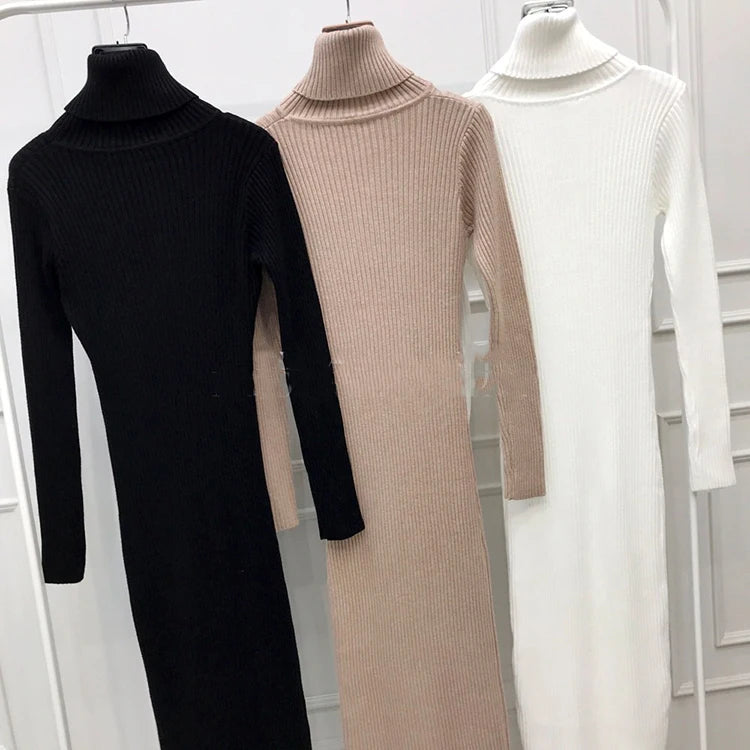 H Han Queen Knitted Turtleneck Sweater Bodycon Dress Bottoming Women Soft Elastic Autumn Winter Midi Party Dresses With Belt