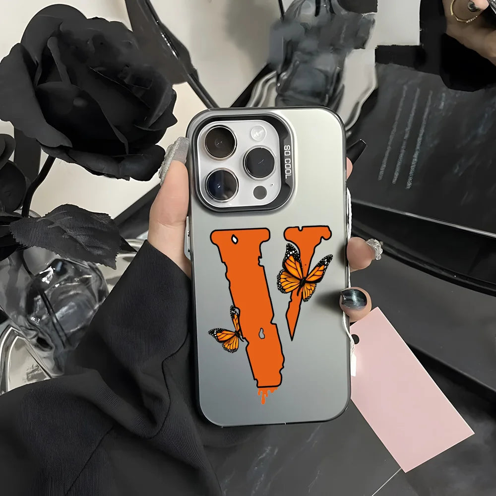 Luxury V-Vlone V Letter Phone Case For iPhone 16 15 14 13 12 11 Pro Max Grey Black Matte Laser Metallic Aurora Funda