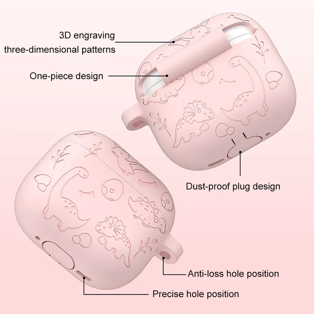Silicone Case Protector with Carabiner Engraved Flower Dinosaur Case Soft Silicone Skin Protective Case for AirPods 4 Gen (2024)