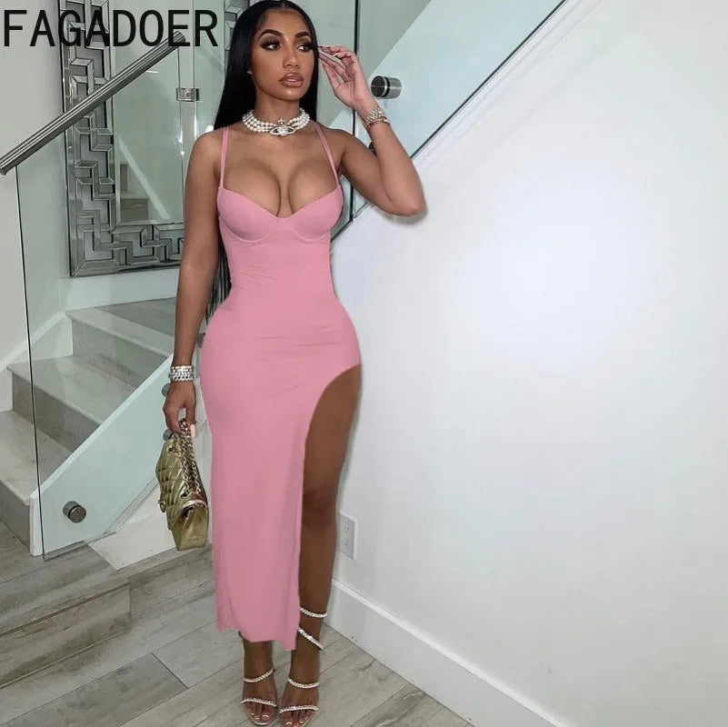 FAGADOER Sexy High Slit Bodycon Long Dress Women Solid Color Spaghetti Strap Backless Dresses Female Streetwear Vestidos 2025