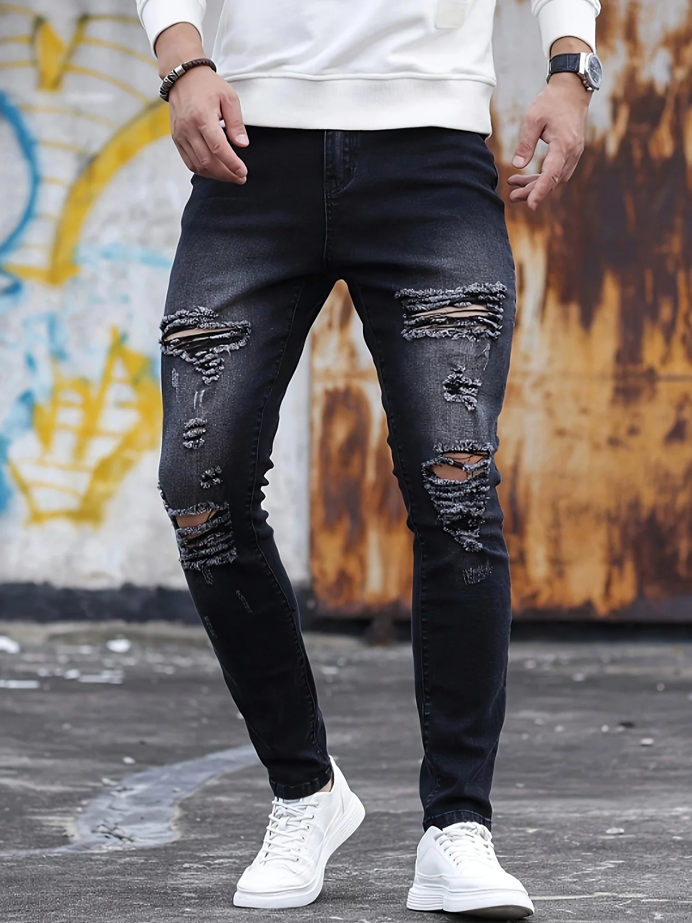 Men's black slim fit jeans, fashionable ripped elastic jeans