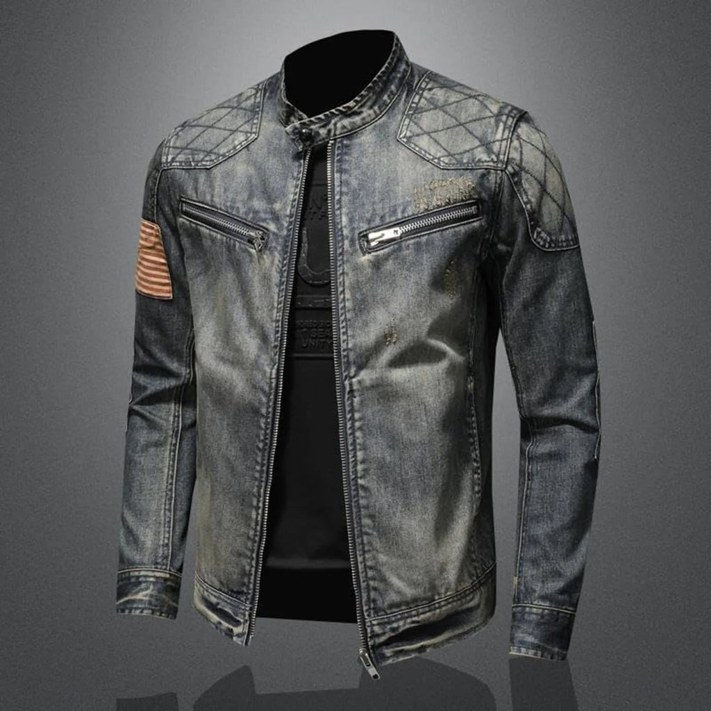 Vintage Denim Jacket With Zip Stand Up Cotton Slim Fit Denim Coat Jeans Long Sleeve Loose Pocket Zipper Top Winter Jacket Men