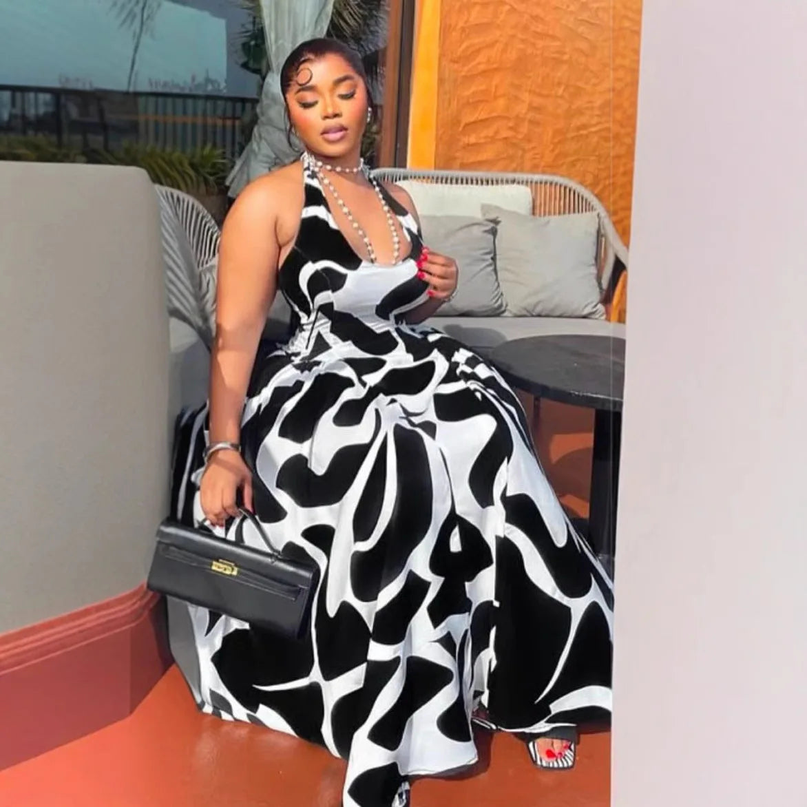 Fashion African Digital Printed Halter Neck Long Dresses European And American Ladies New Style Casual Zebra Print Sexy Dress