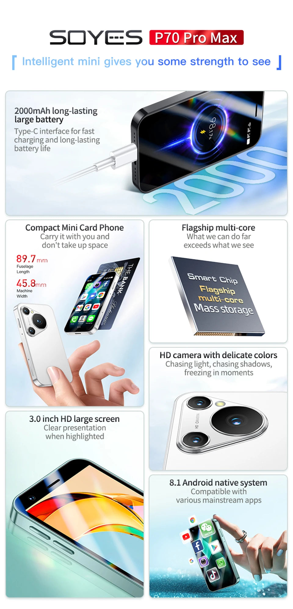 SOYES P70 Pro Max Mini Android8.1 Smartphone 3.0 Inches 2000mAh Face ID Dual SIM Standby Play Store 3G Little Phone