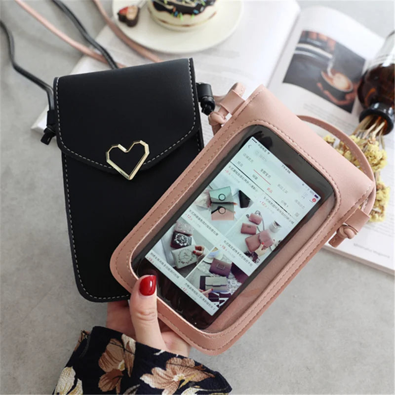 Transparent Touch Screen Cell Phone Purse Smartphone Wallet Shoulder Strap Handbag PU Leather Casual Crossbody Bags Women