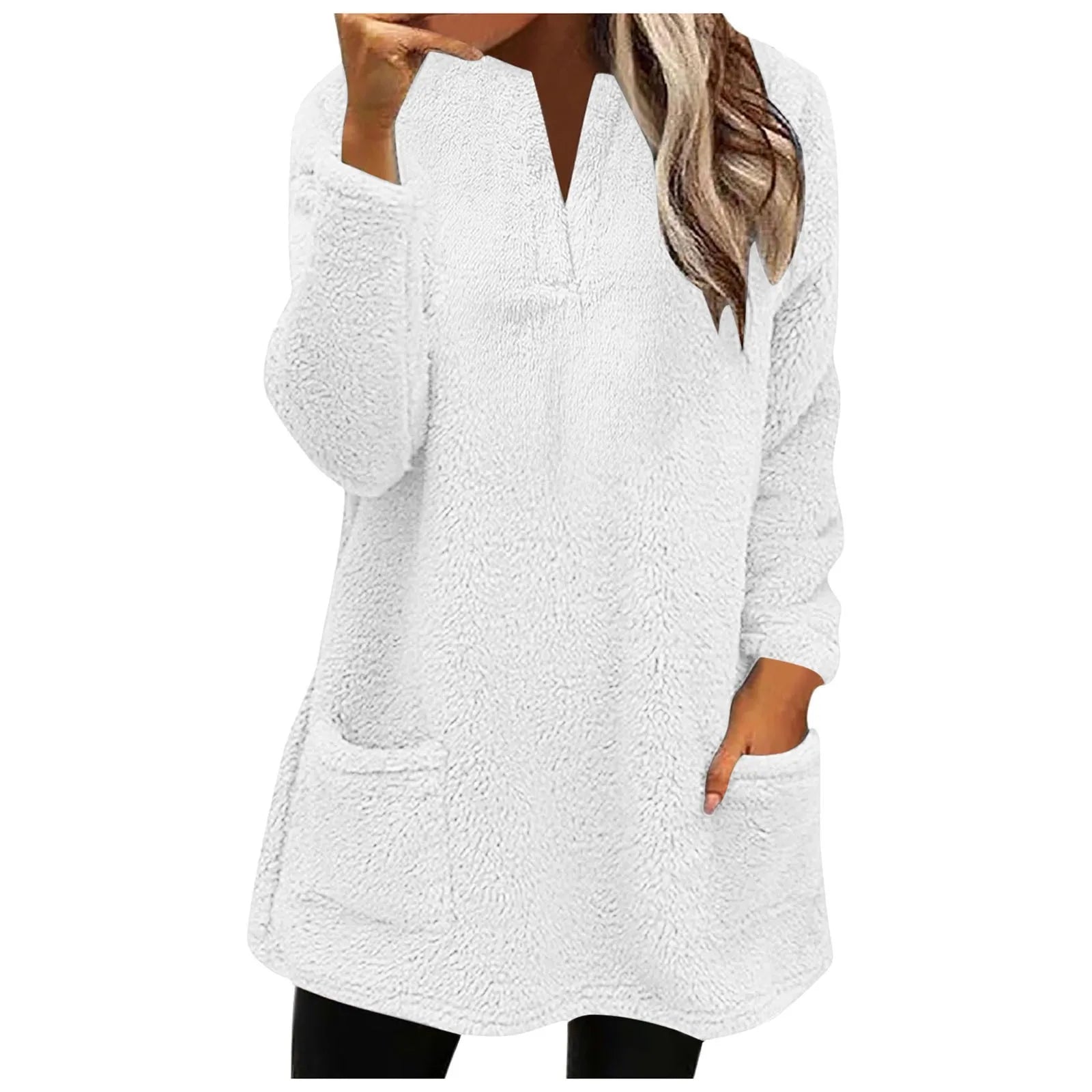 2024 New Women Long Sleeve Fleece Sweatshirts Double Pocket V Neck Pullover Tops Solid Color Plush Sweatshirt Female Outerwear