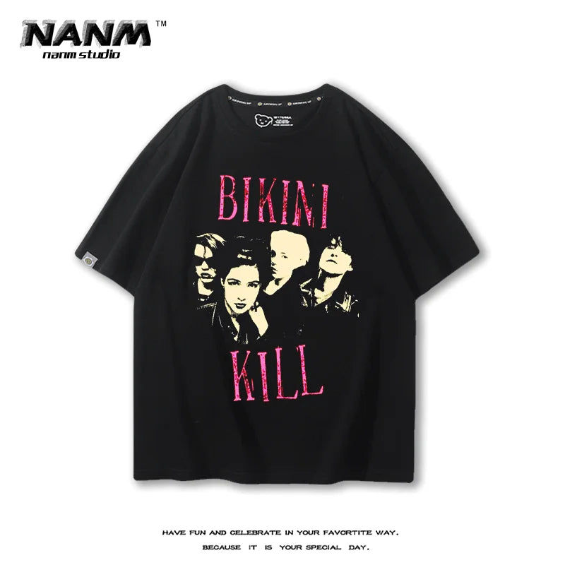 Bikini Kill  American style hip-hop rock sports music street fitness summer loose men's T-shirt top Women's T-shirt couple style