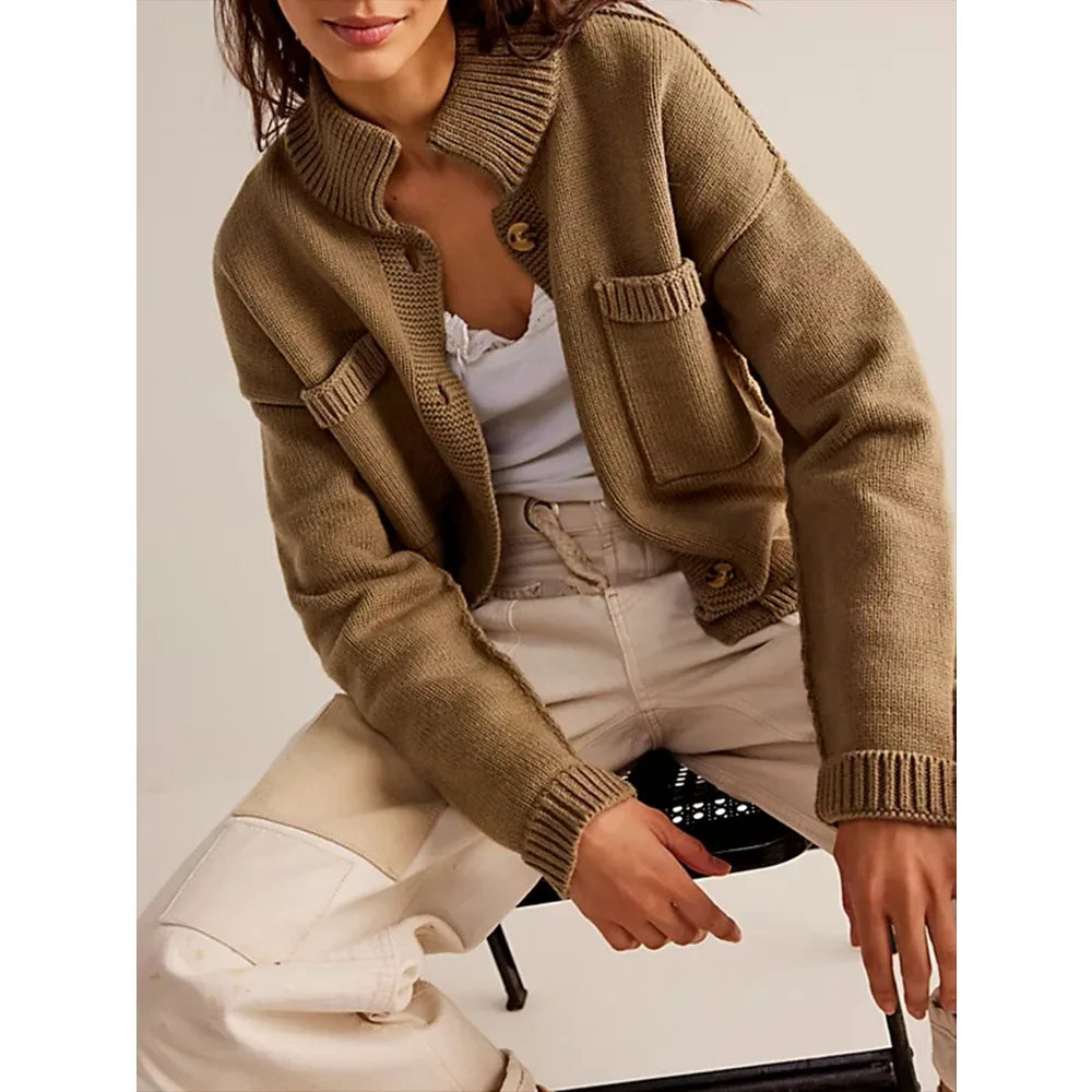 Women Cardigans Long Sleeve Button Up Knit Cardigan with Pockets Stand Collar Causal Fall Warm Sweater Solid Color Comfy Outwear