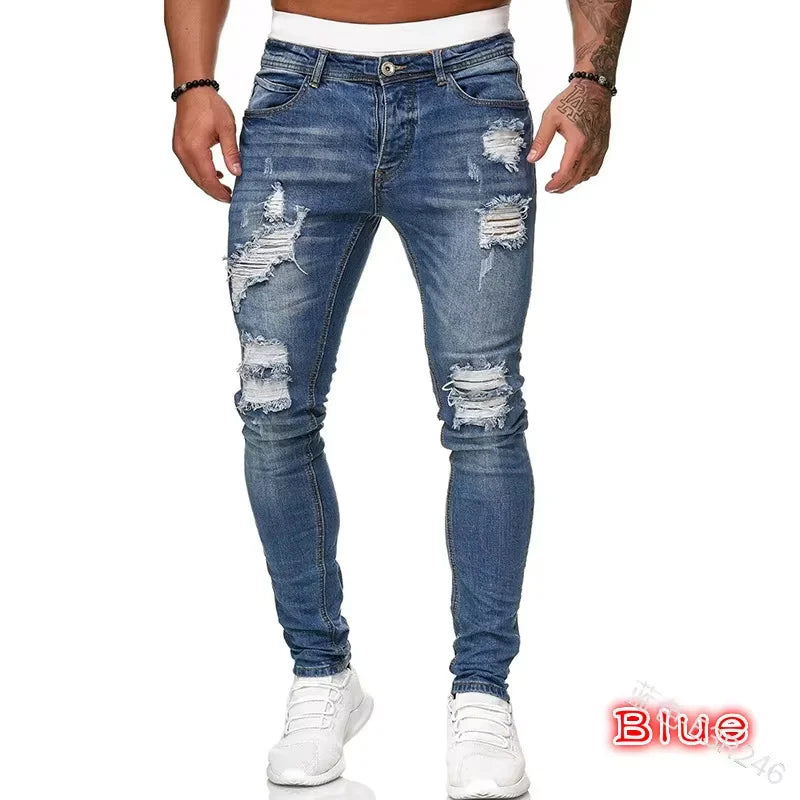 2025 ipped Mid Waist Slim Fit Men Jeans Vintage Denim Wash Solid Punk Style Skinny Pencil Pants Distressed Holes Ankle Length