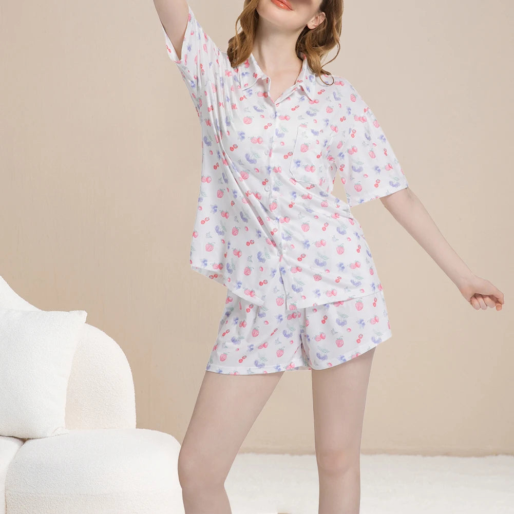 Women Fruit Print Pajamas Set Breathable Soft Loungewear Button Down Sleepwear Cute Pyjama Trousers Set for Loose Home Wear