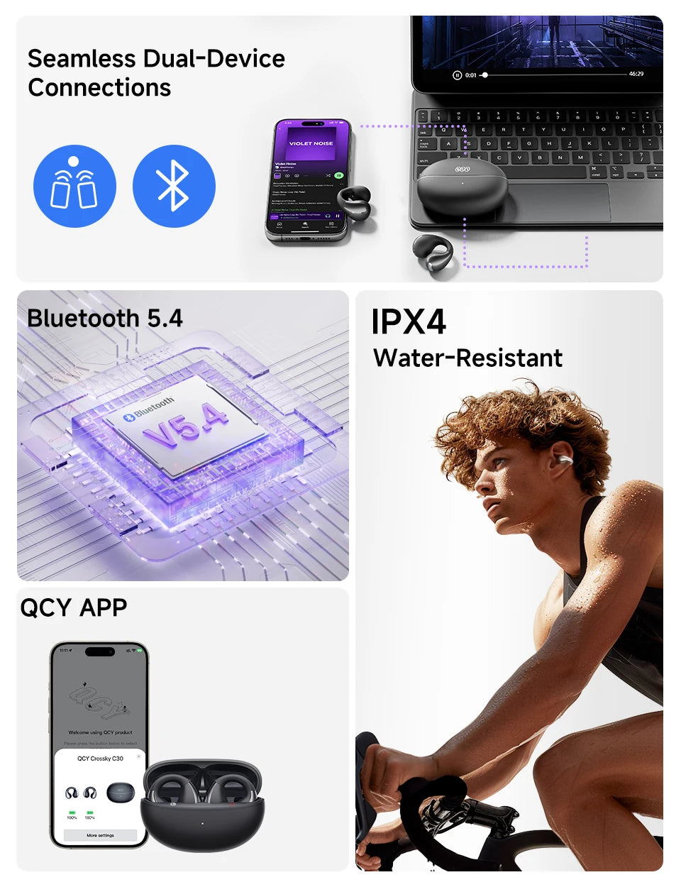 QCY Crossky C30 Wireless Earphones Bluetooth 5.4 Ear clip TWS Sports Earbuds Open Ear Earclip Dual-Connection Headphone