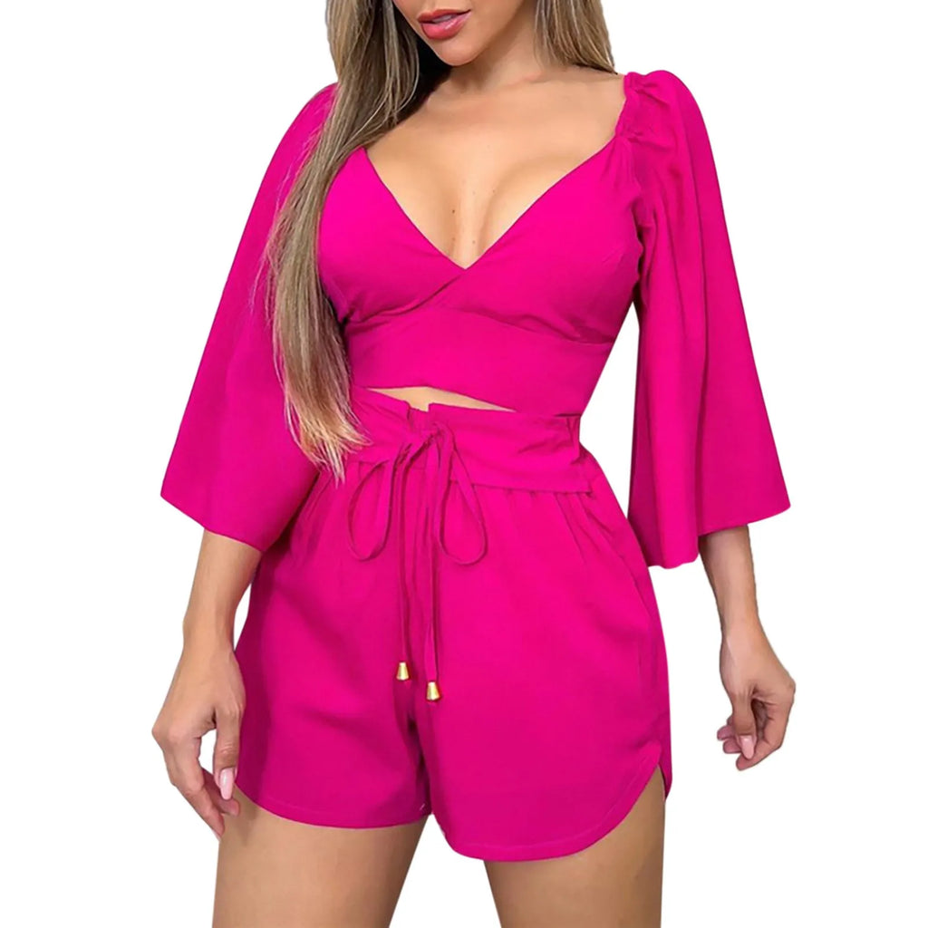 muslin suit for women V Neck Backless Flared Sleeve Shirt High Waist Shorts Fashion Casual Suit conjunto verano mujer