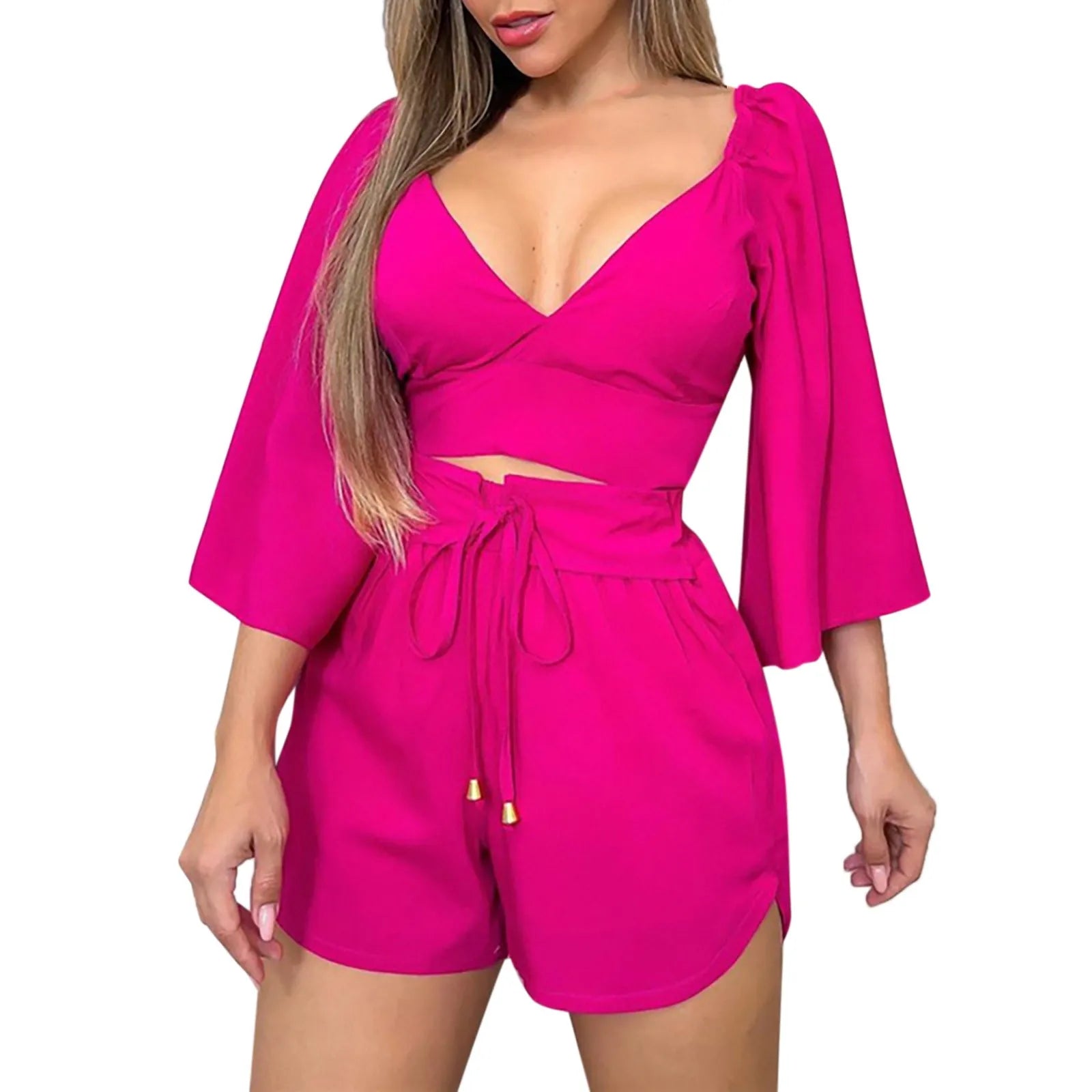 muslin suit for women V Neck Backless Flared Sleeve Shirt High Waist Shorts Fashion Casual Suit conjunto verano mujer