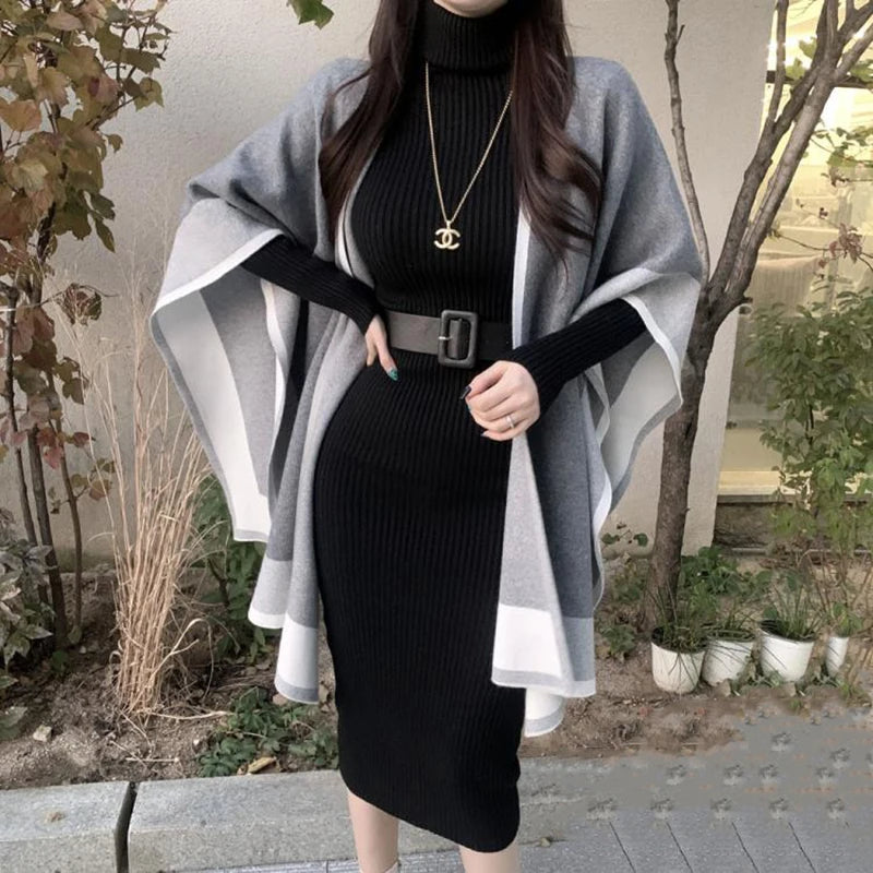 H Han Queen Knitted Turtleneck Sweater Bodycon Dress Bottoming Women Soft Elastic Autumn Winter Midi Party Dresses With Belt