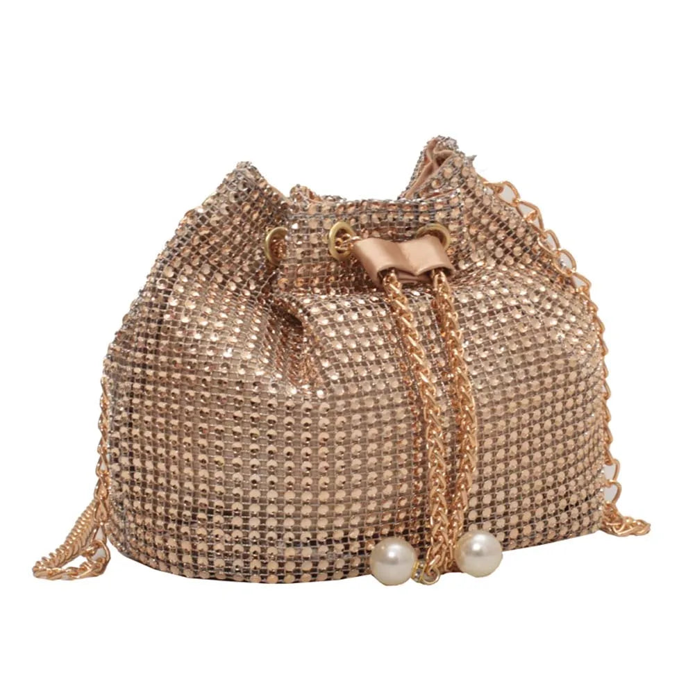 Women Rhinestone Shoulder Bag Summer Shiny Diamonds Chain Crossbody Messenger Bag Fashion Female Pearl Bucket Handbags Purse
