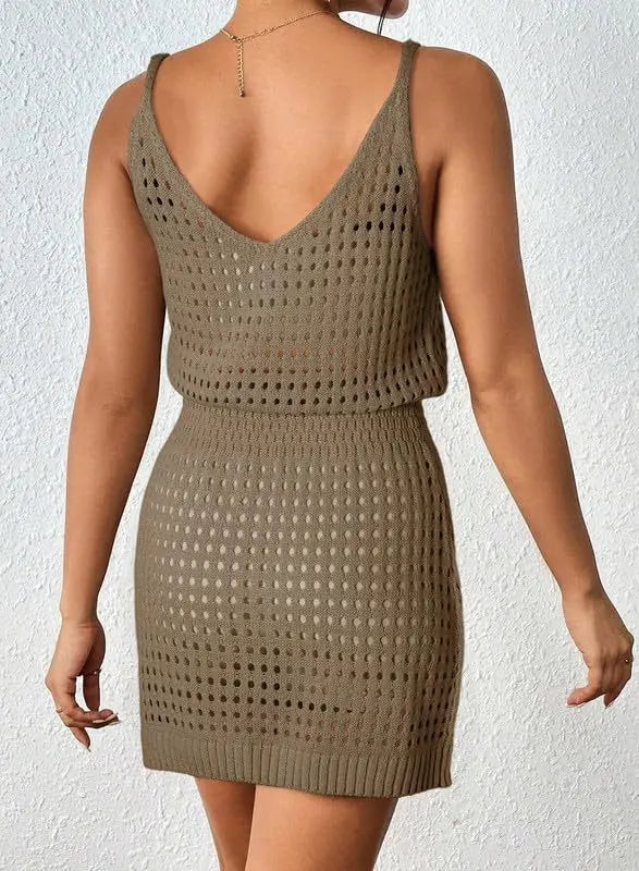 Summer Hollow Out Knitting Mini Spaghetti Strap Dresses Women Sexy V-neck Backless Vacation Beach Dress Casual Beachwear Vestido