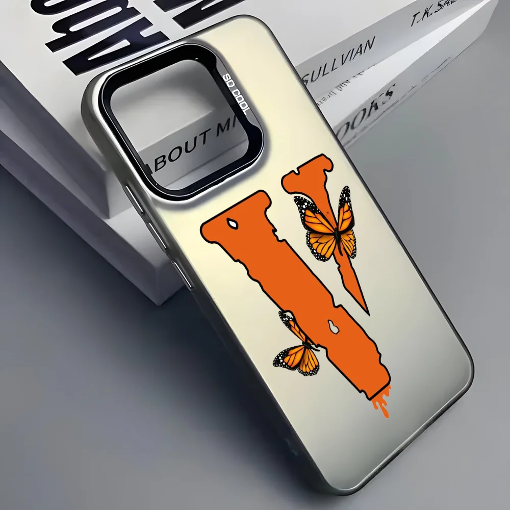 Luxury V-Vlone V Letter Phone Case For iPhone 16 15 14 13 12 11 Pro Max Grey Black Matte Laser Metallic Aurora Funda